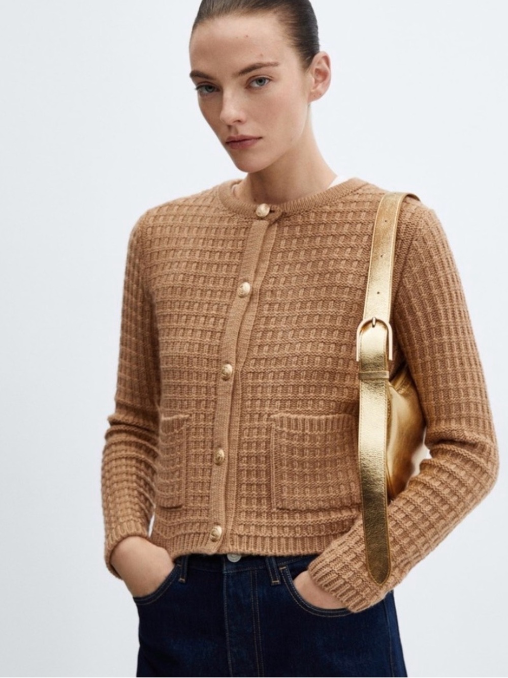 Mango Camel Waffle Knit Pearl Button Cardigan